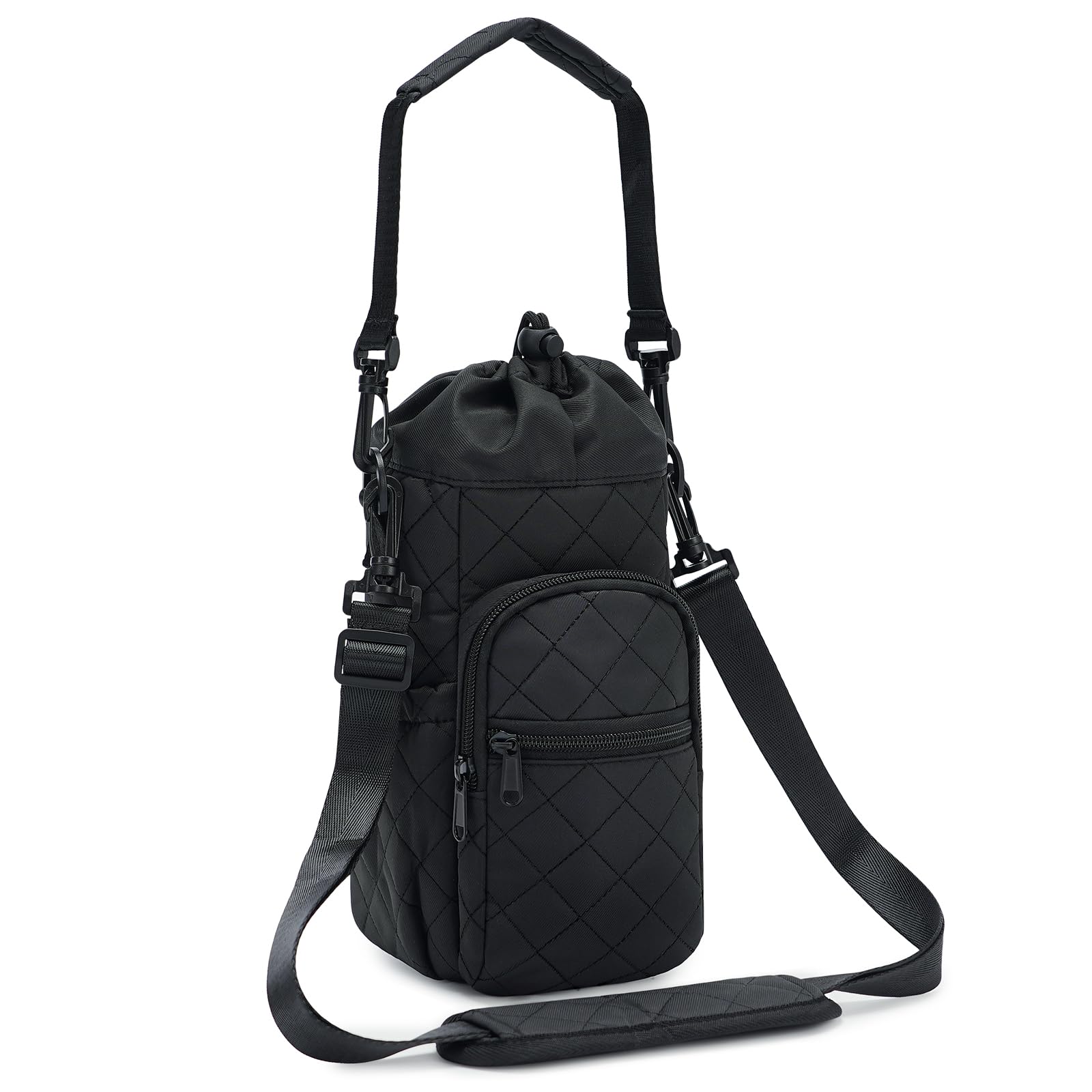sportsnew front view showing quilted pouch and secure drawstring, protects bottle