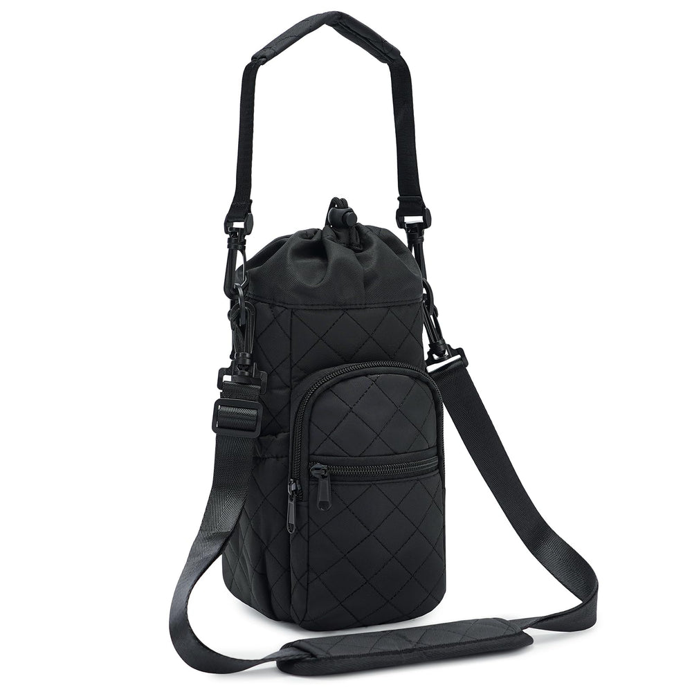 sportsnew front view showing quilted pouch and secure drawstring, protects bottle