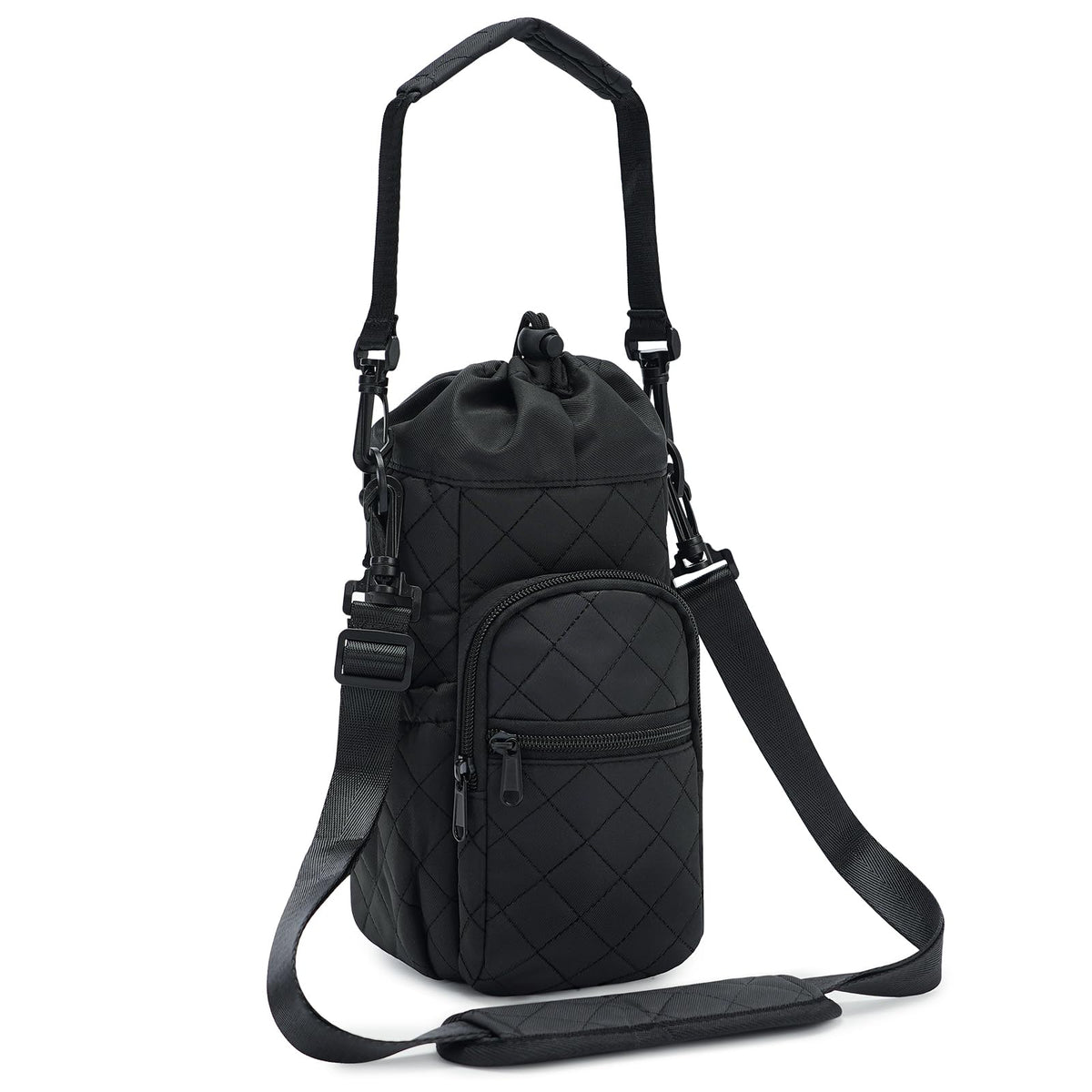 sportsnew front view showing quilted pouch and secure drawstring, protects bottle