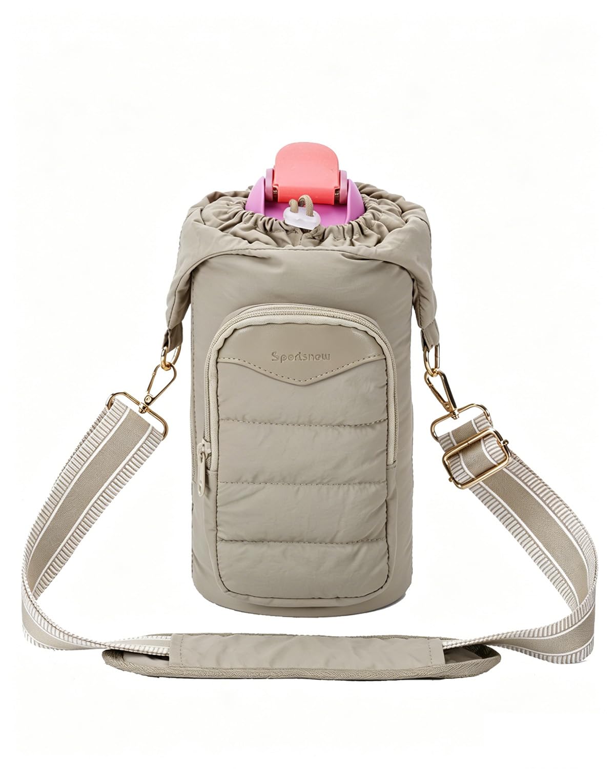 sportsnew front view of yellowish-green insulated bottle holder showing organized pockets and quick access