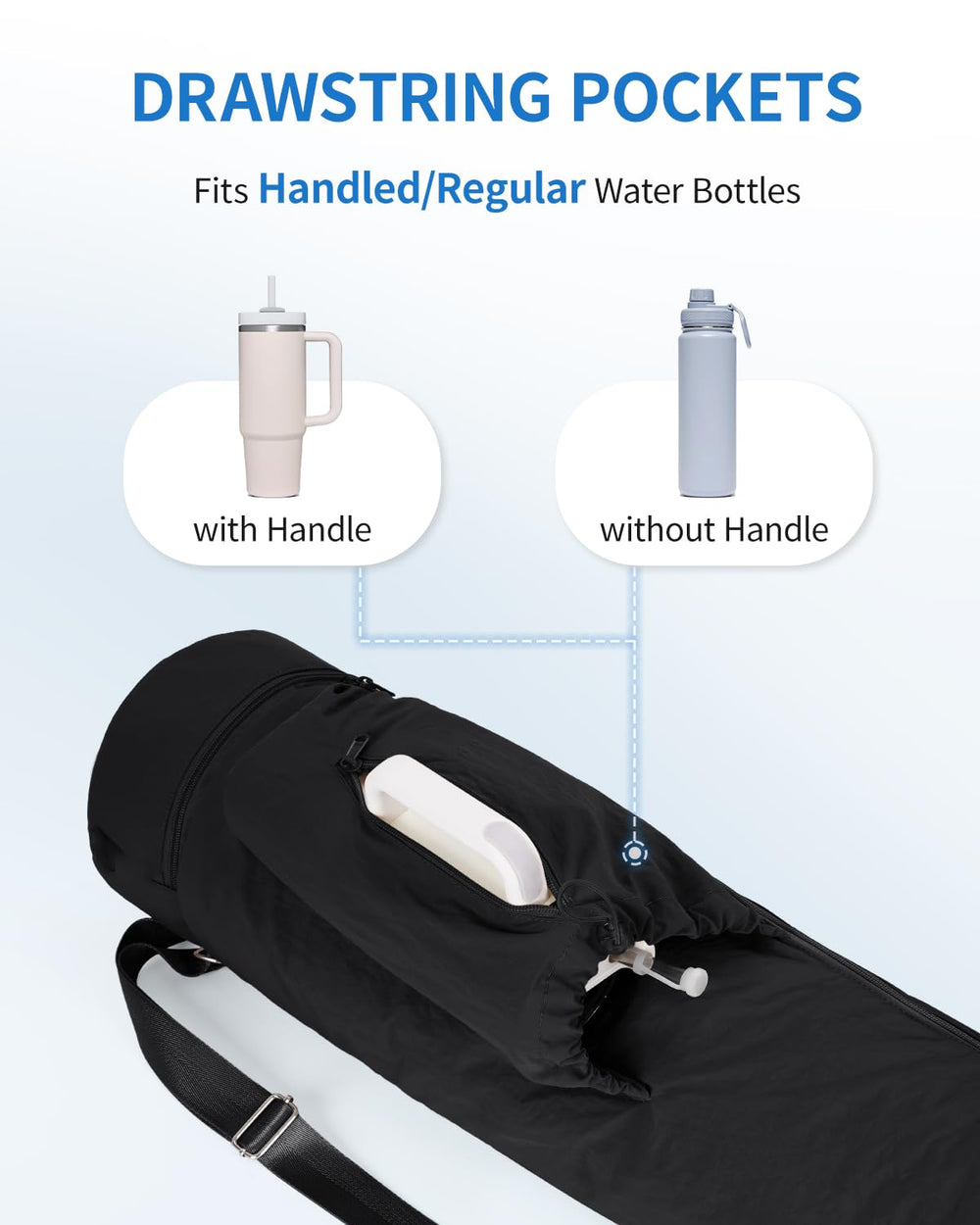 sportsnew side drawstring pocket holding a handled tumbler for secure hydration