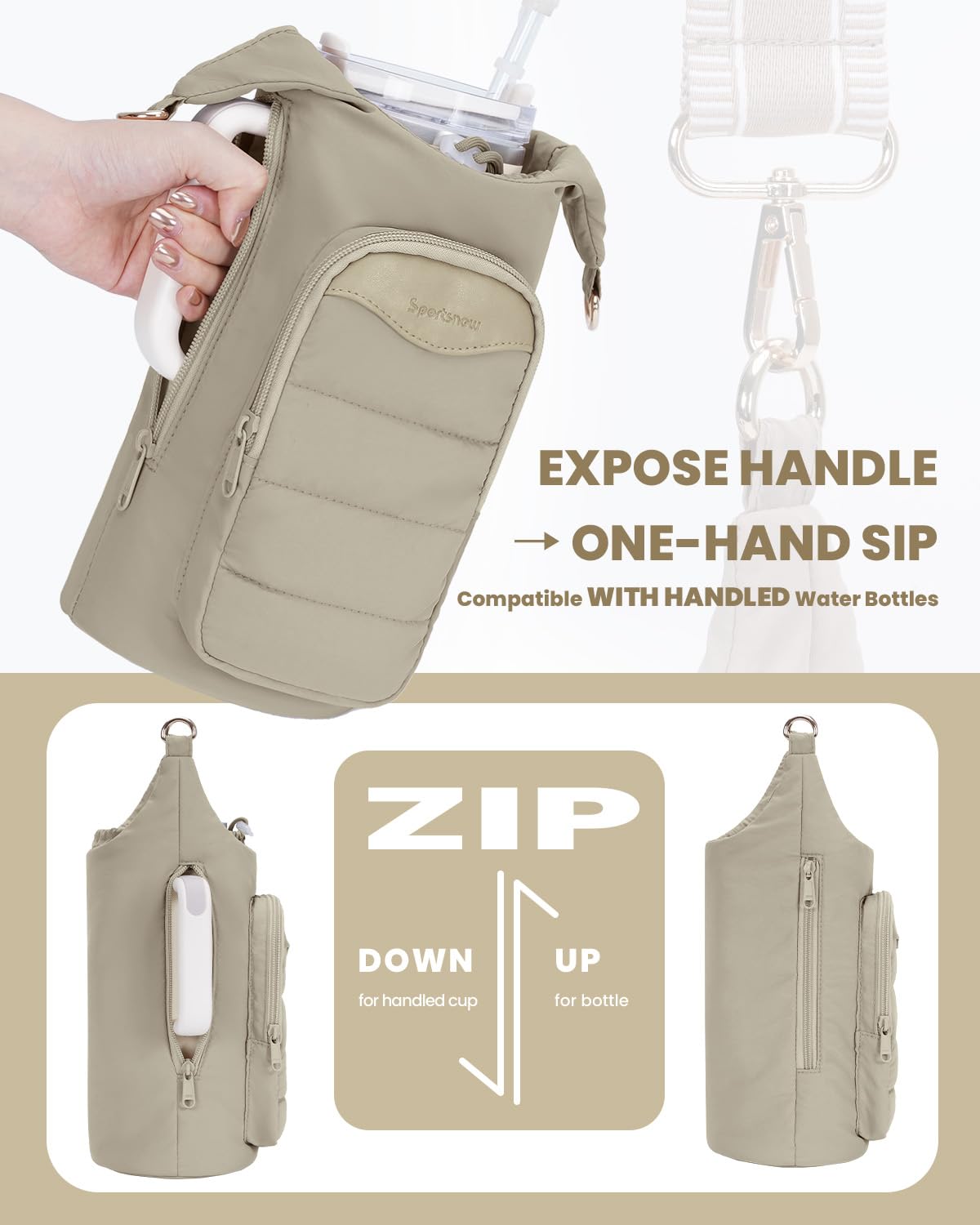 sportsnew close-up of side zipper open for easy bottle insertion and fast one-handed access