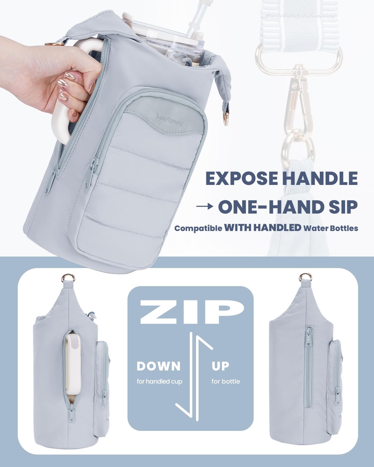 sportsnew side zipper detail enabling easy bottle insertion benefit