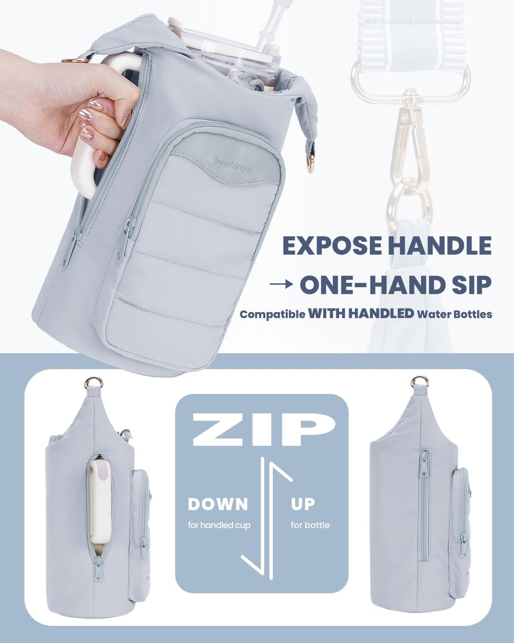 sportsnew side zipper detail enabling easy bottle insertion benefit