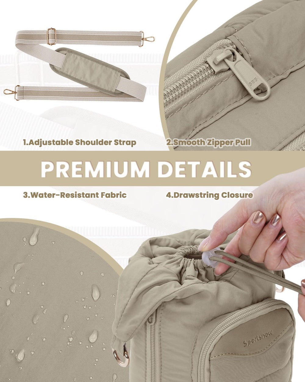 sportsnew adjustable wide shoulder strap being shortened for a comfortable crossbody fit