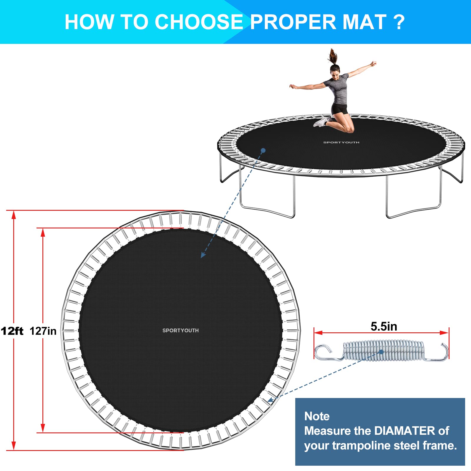 SPORTYOUTH family using trampoline with new mat, demonstrating improved bounce and safer play