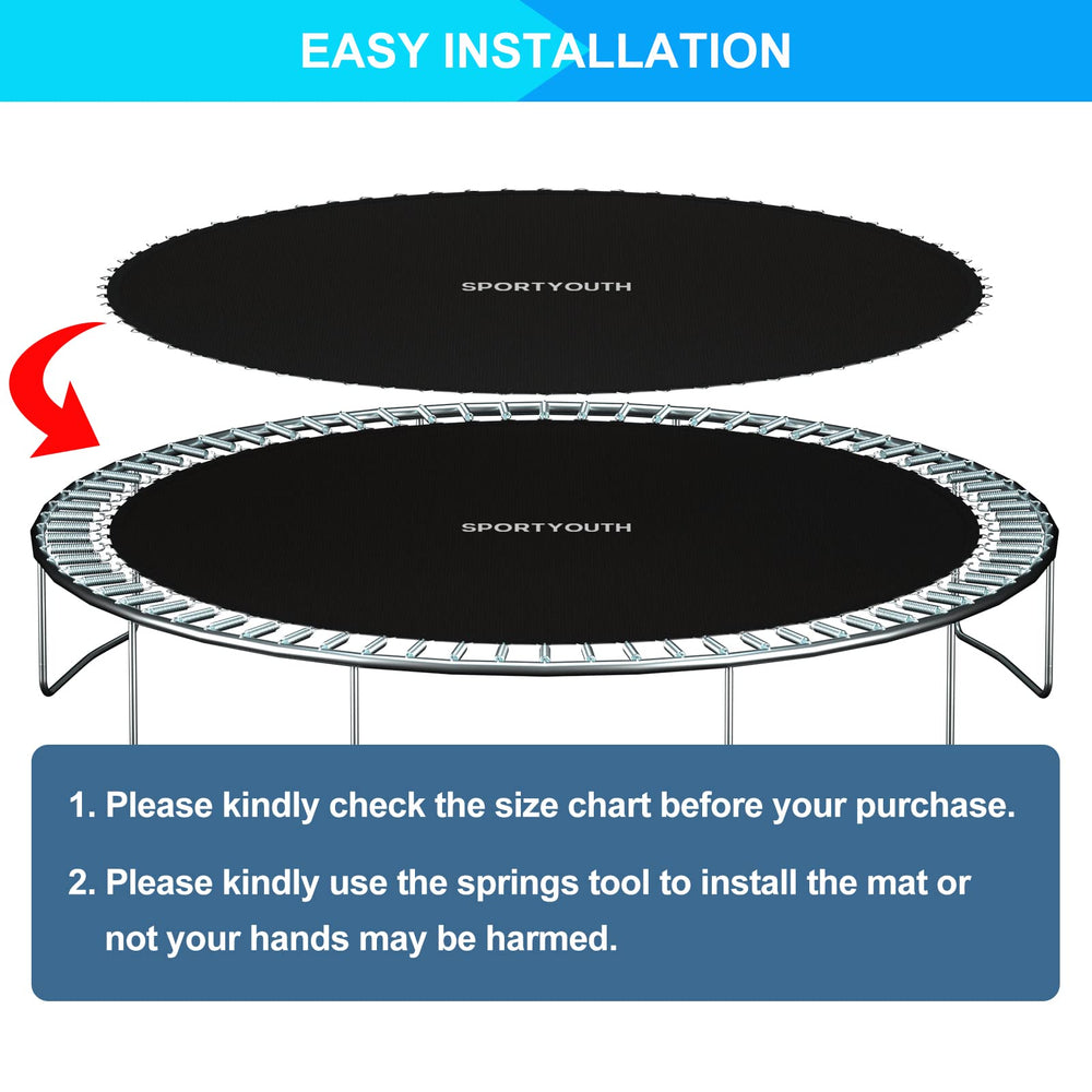 SPORTYOUTH measuring mat width to confirm 127 inches fit for 12ft trampoline frames accurately