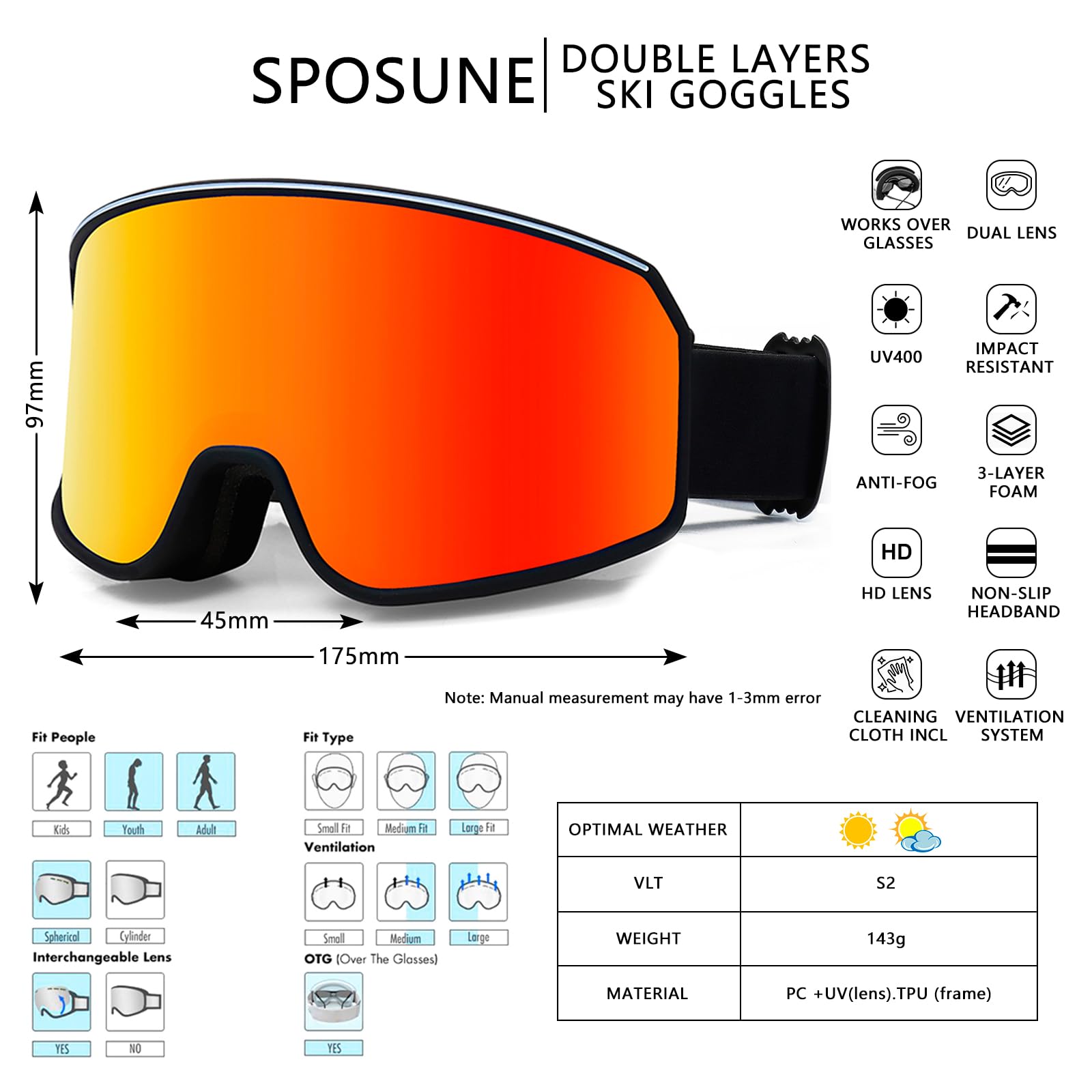 SPOSUNE close-up dual-layer lens highlighting anti-fog clarity