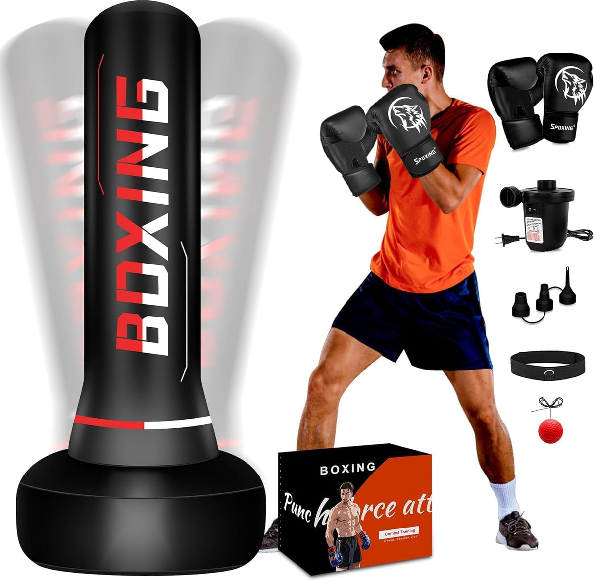 SPOXING front view of 70-inch freestanding bag showing full-height training benefit