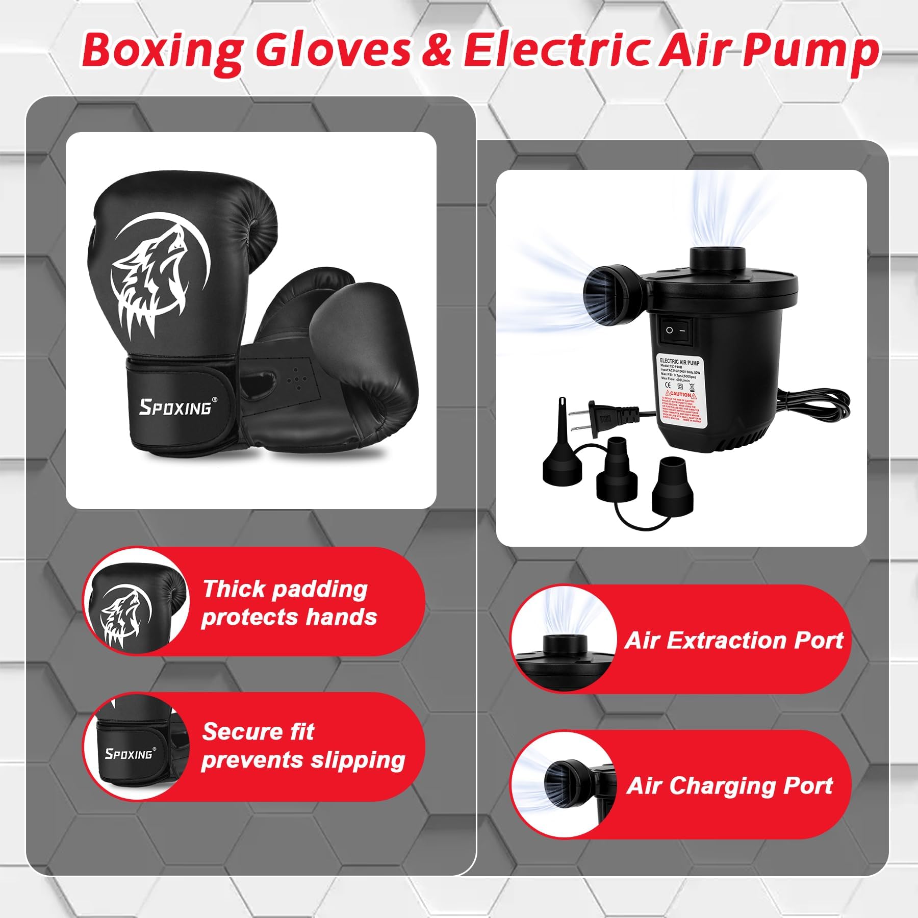 SPOXING padded gloves and electric pump included showing hand protection and quick setup
