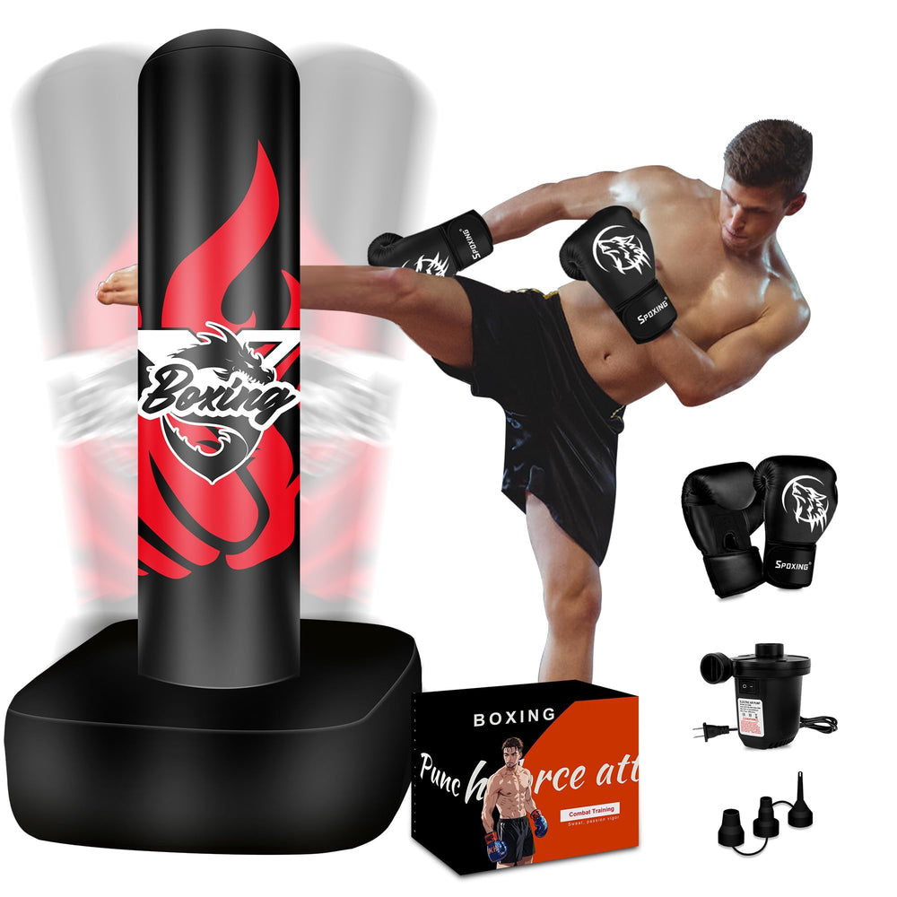SPOXING front view of 70 inch standing punching bag showing stability and size