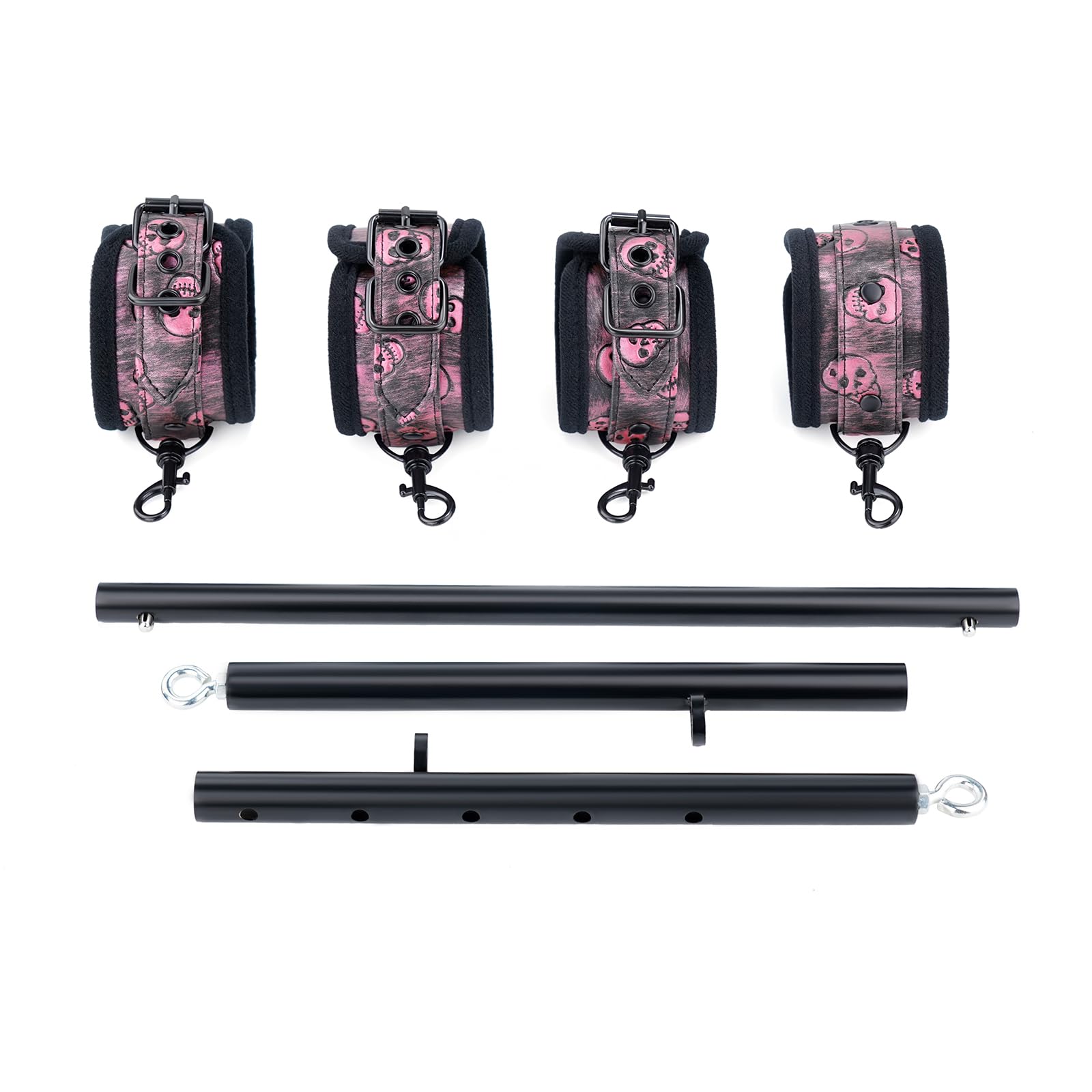Spreader Bar strap detail with black-pink skull PU pattern and padding, Spreader Bar improves comfort
