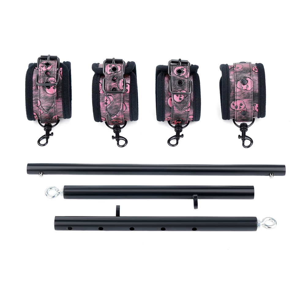 Spreader Bar strap detail with black-pink skull PU pattern and padding, Spreader Bar improves comfort