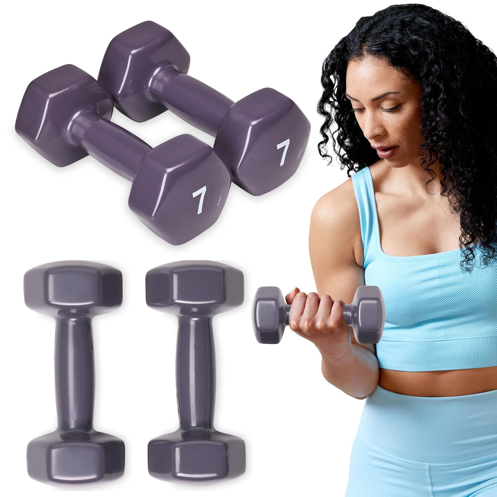SPRI 7 lb purple dumbbells front view showing compact pair and color coding for quick selection