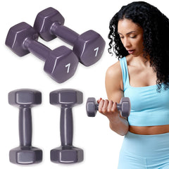 SPRI 7 lb purple dumbbells front view showing compact pair and color coding for quick selection