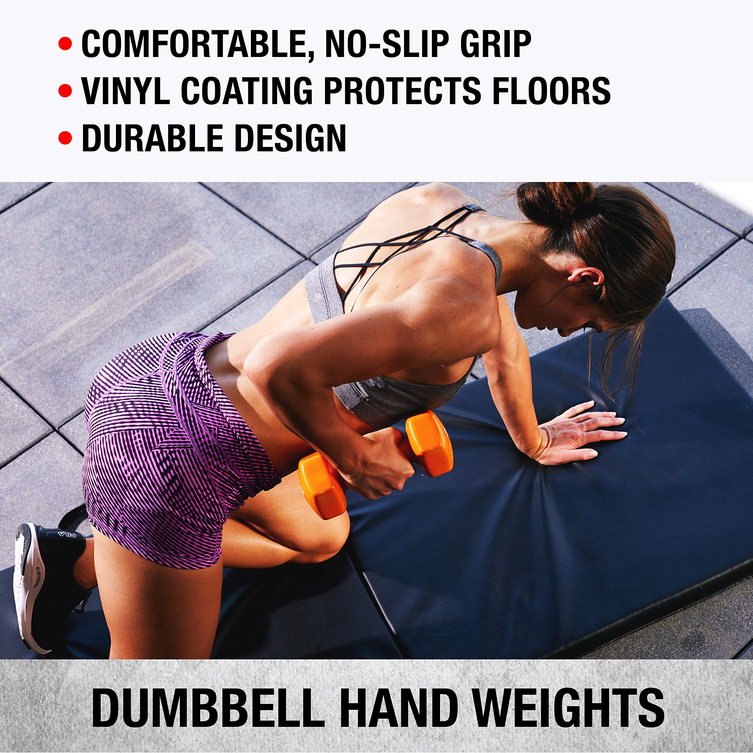 SPRI hex-shaped dumbbells next to ruler showing size and anti-roll safety benefit