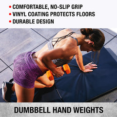 SPRI hex-shaped dumbbells next to ruler showing size and anti-roll safety benefit