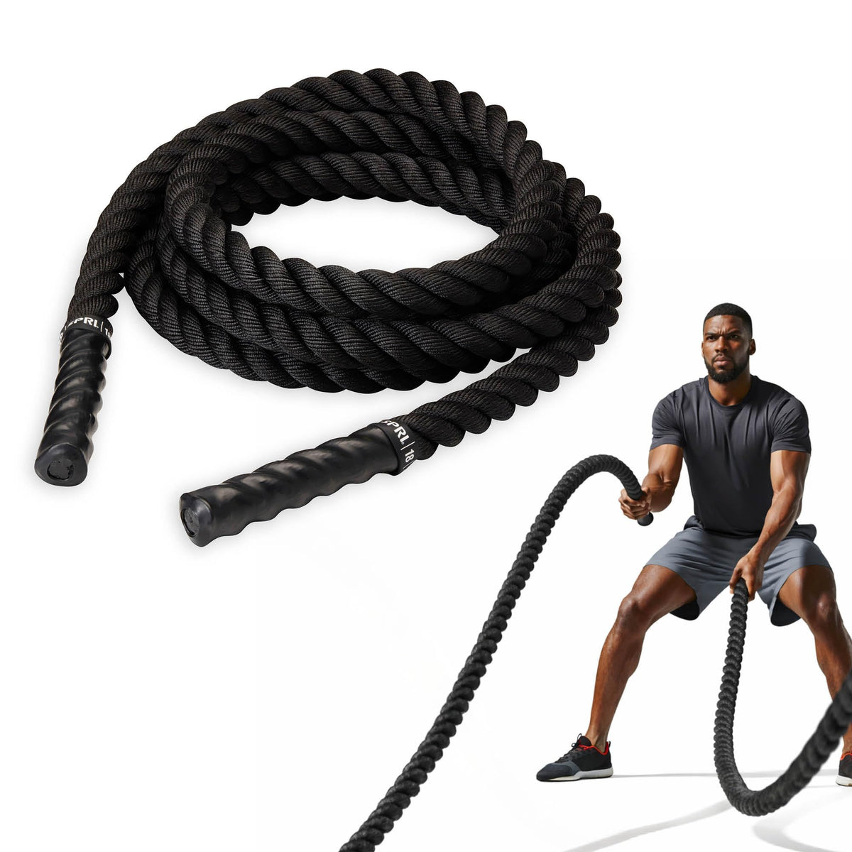 SPRI battle rope front view showing full length and heavy-duty braid, durable for workouts