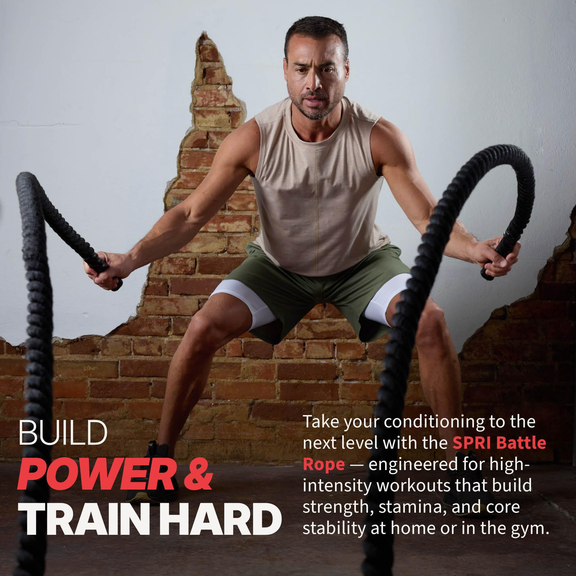 SPRI battle rope handle closeup highlighting grip texture and secure hold benefit