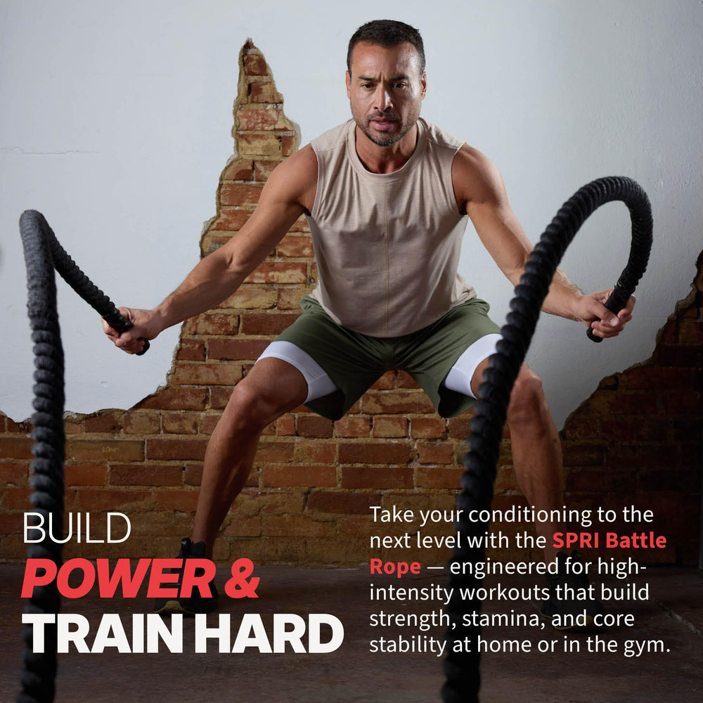 SPRI battle rope handle closeup highlighting grip texture and secure hold benefit