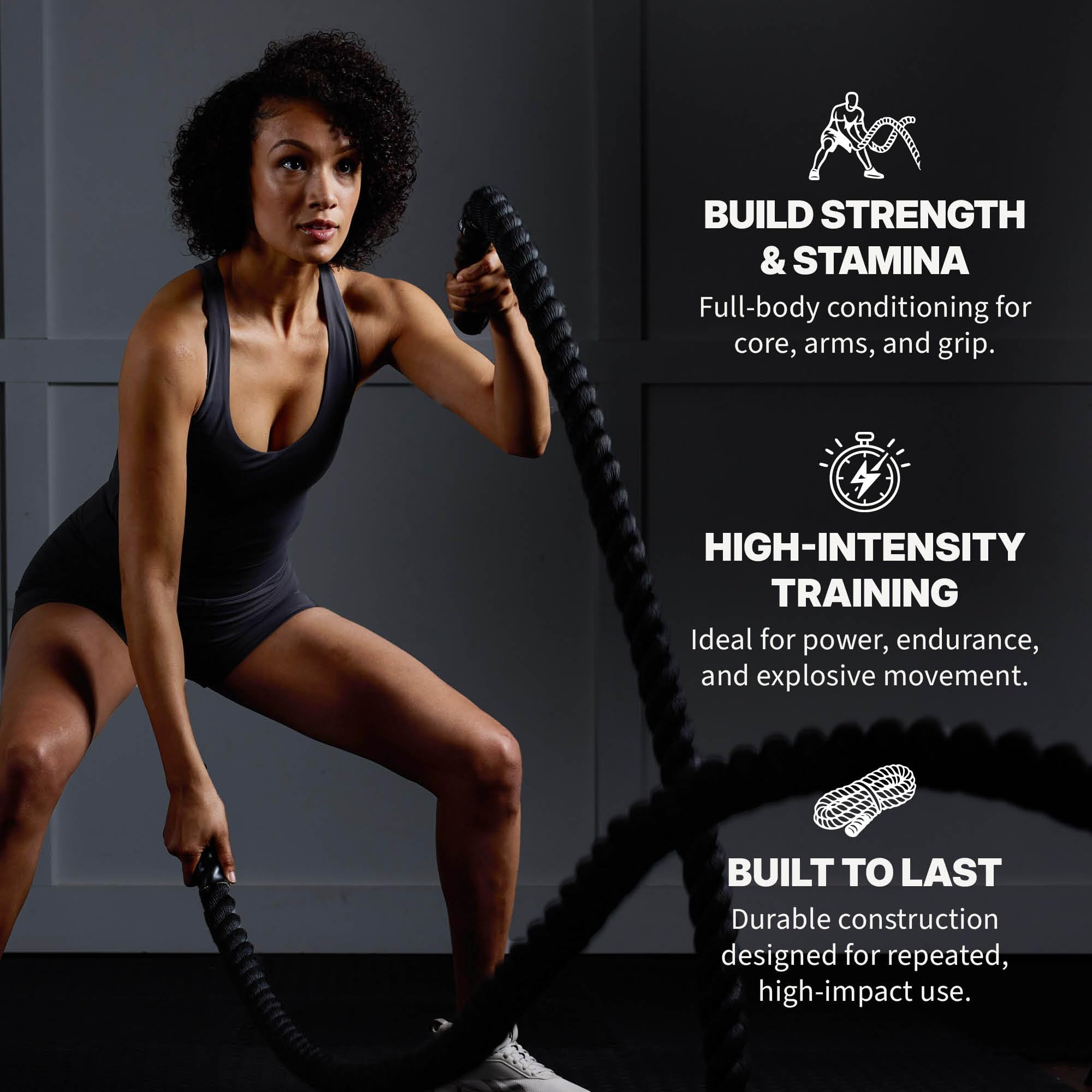 SPRI battle rope beside a measuring tape showing 18 ft length for full range training