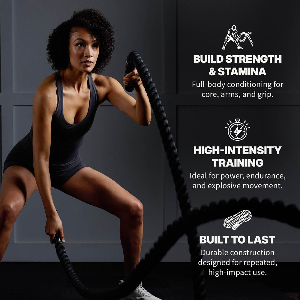 SPRI battle rope beside a measuring tape showing 18 ft length for full range training