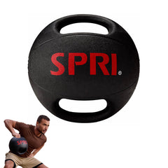 SPRI medicine ball front view showing dual handles and durable shell for secure grip