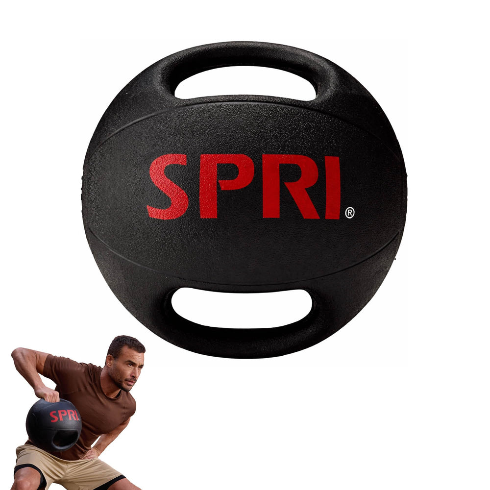SPRI medicine ball front view showing compact shape and balanced weight for safe training