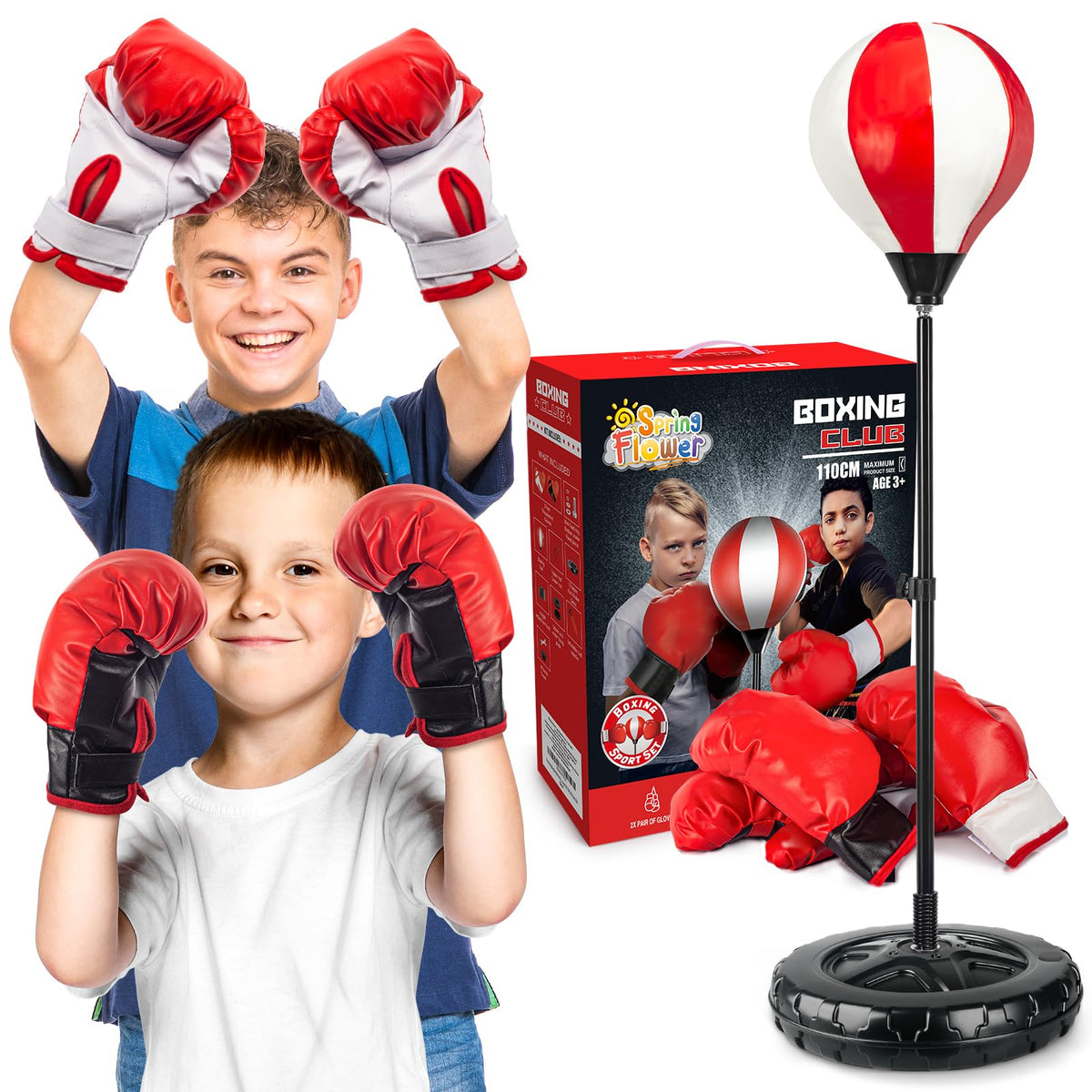 SpringFlower front view of assembled kids punching bag set showing complete kit benefit