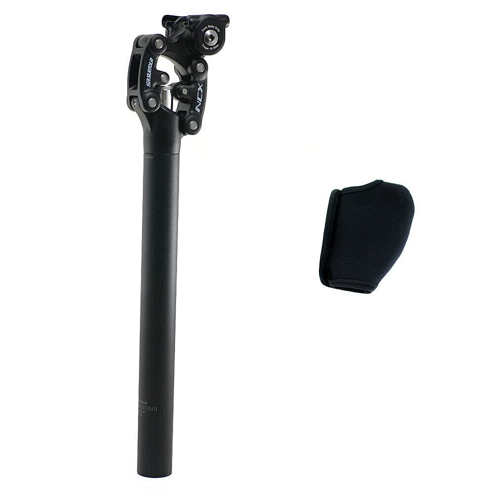 SR Suntour front view of seatpost showing sleek black finish and bike fit benefit