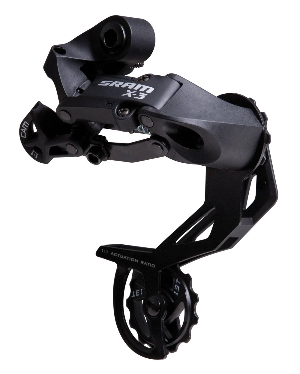 SRAM X3 rear derailleur front profile showing durable black finish and clear mounting points