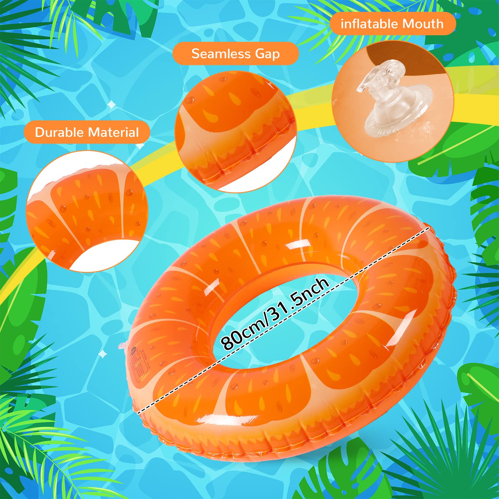 Three Sratte swim rings top view displaying bright fruit patterns for festive pool play