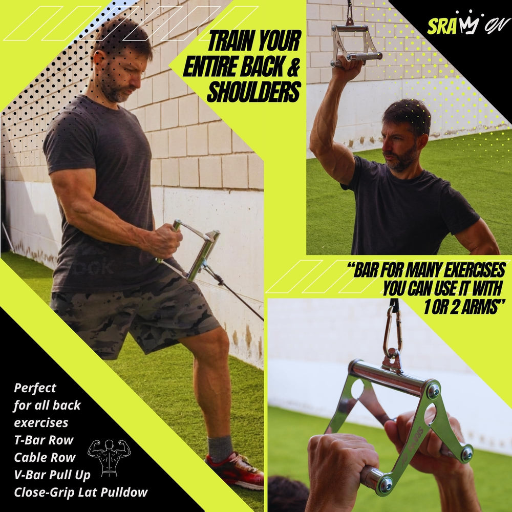 Athlete using SRAW ON V Bar for Viking press demonstrating functionality benefit varied exercises