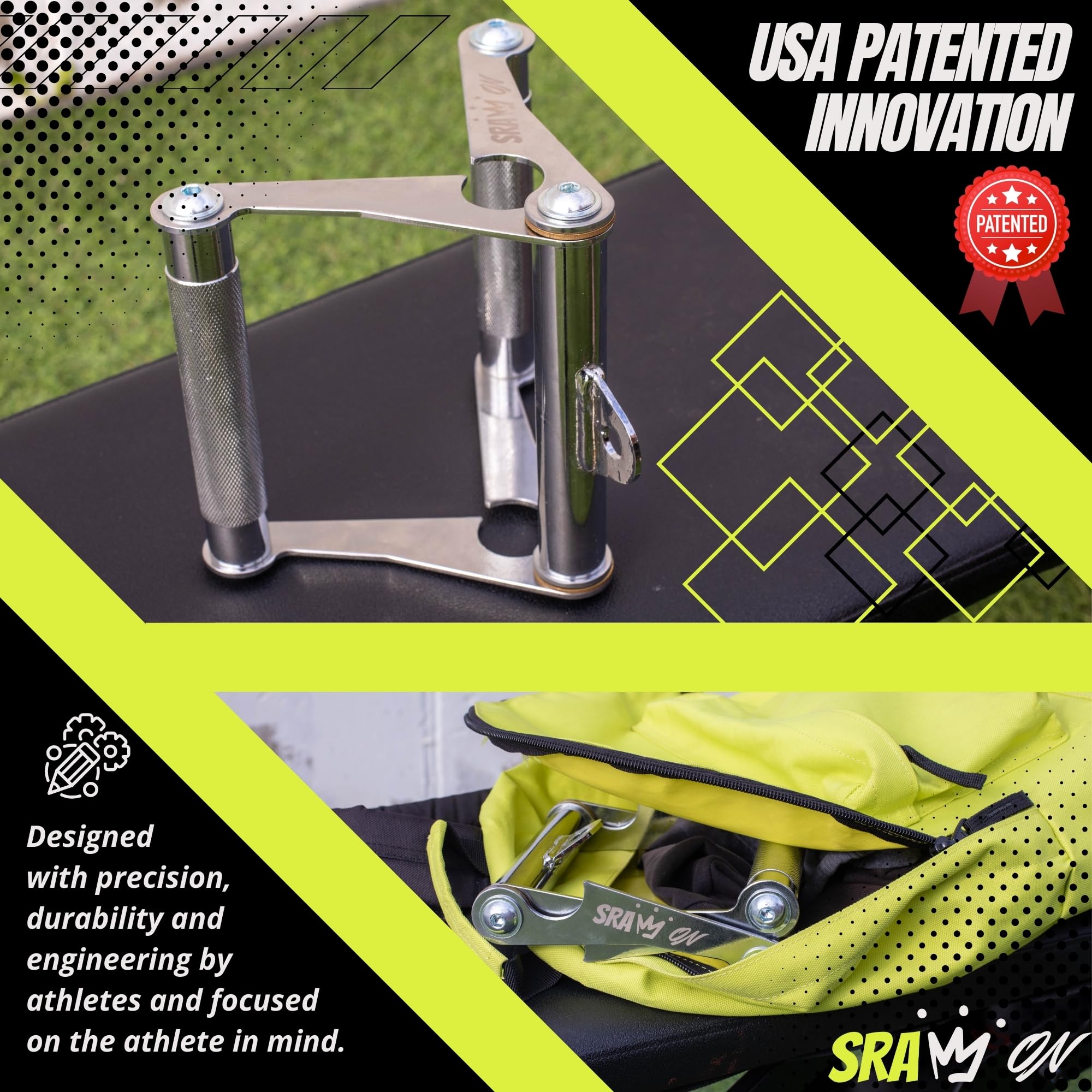 SRAW ON V Bar stowed in gym bag showing portability benefit travel-ready