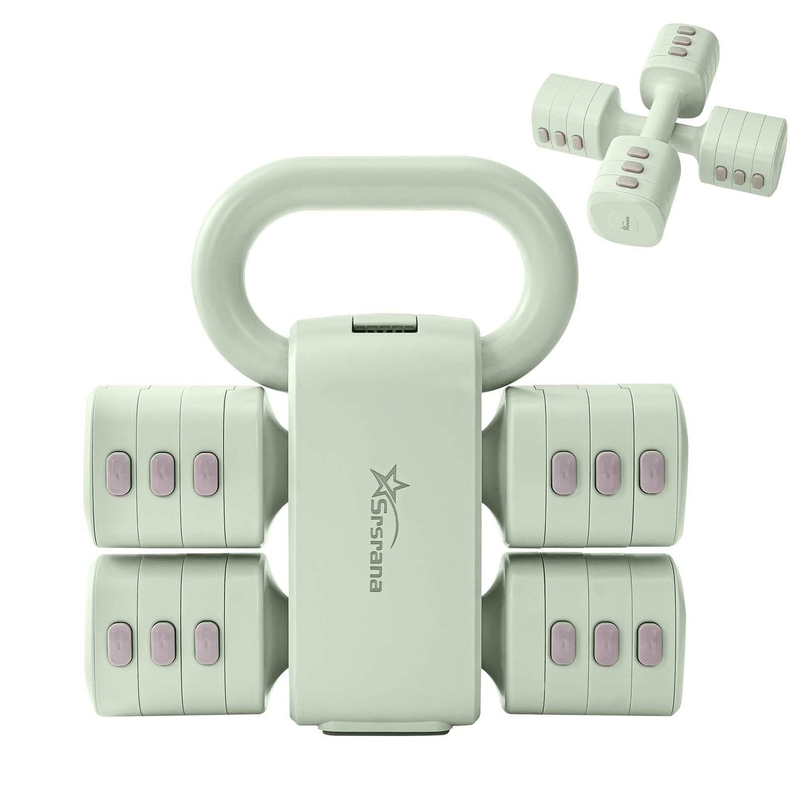 Srsrana front view of the green 2-in-1 weight set showing compact design and versatility