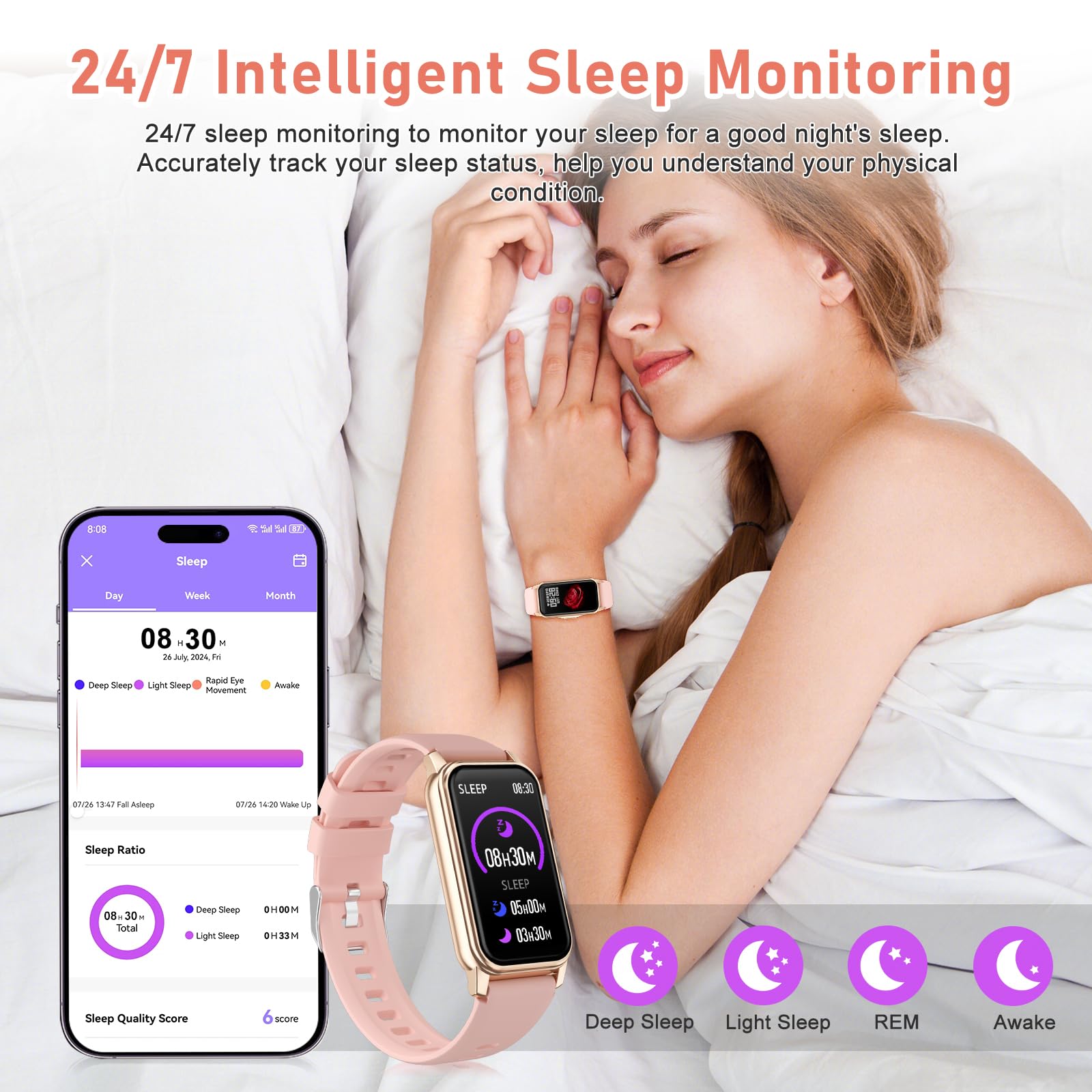 ST-CARE C60 sleep tracking screen showing sleep stages and duration benefit better rest insights