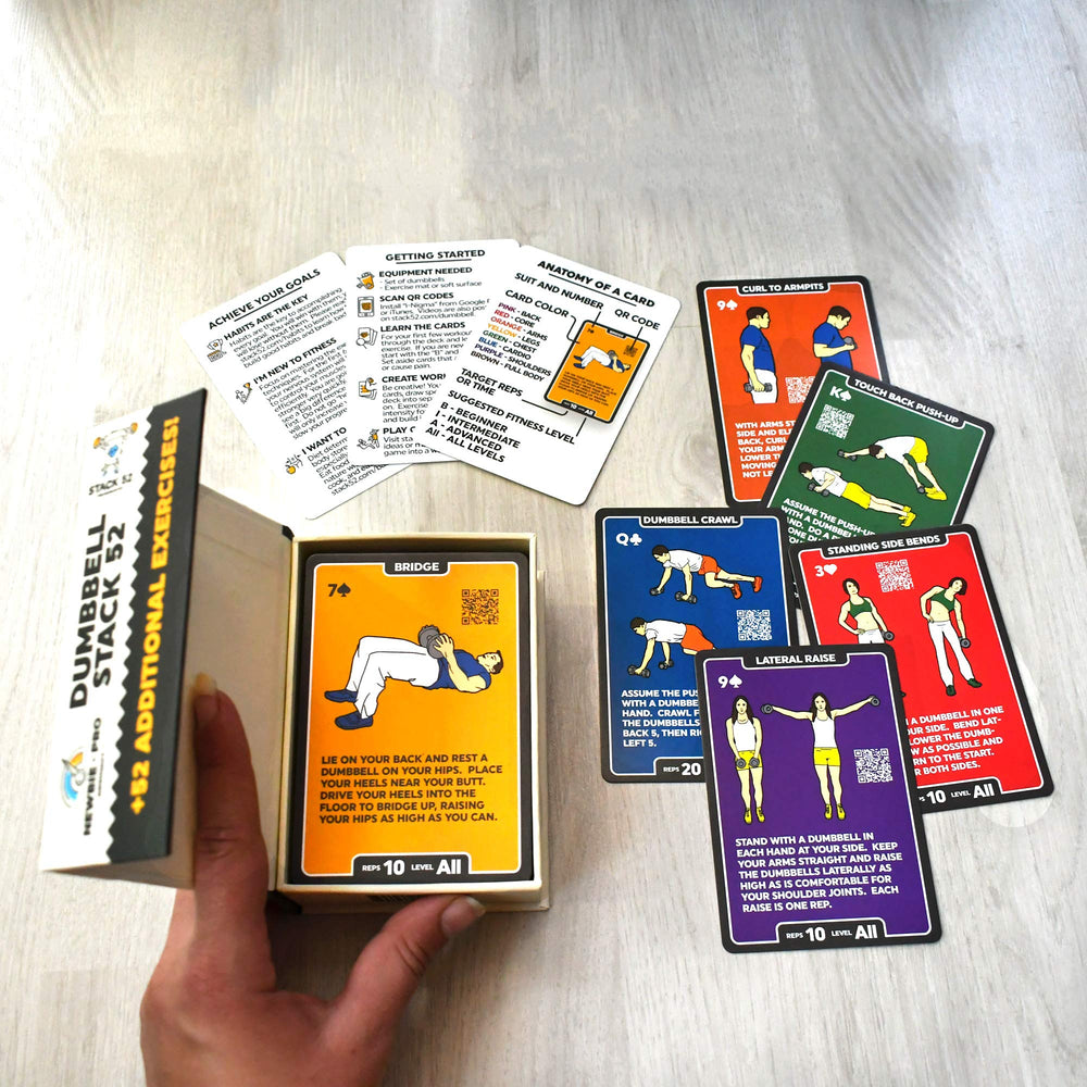 Stack 52 cards spread displaying multiple exercises for session planning
