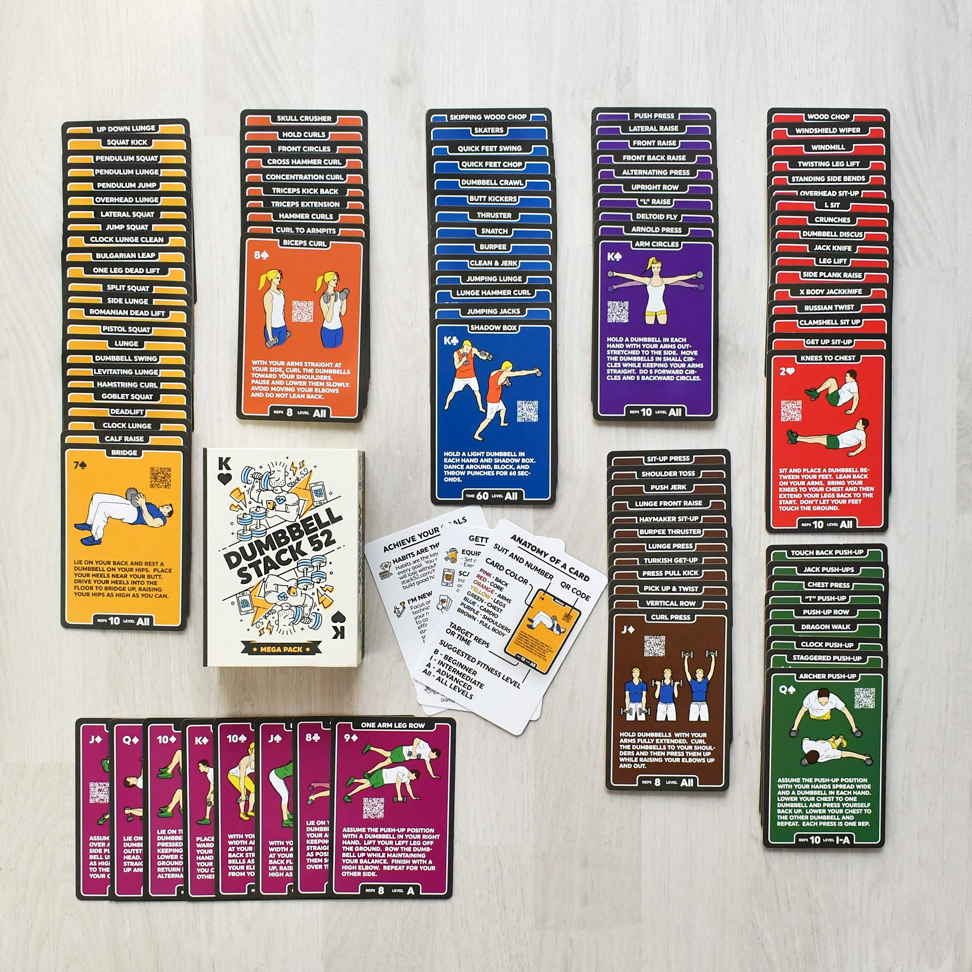 Stack 52 cards beside dumbbells showing scale and portability benefit