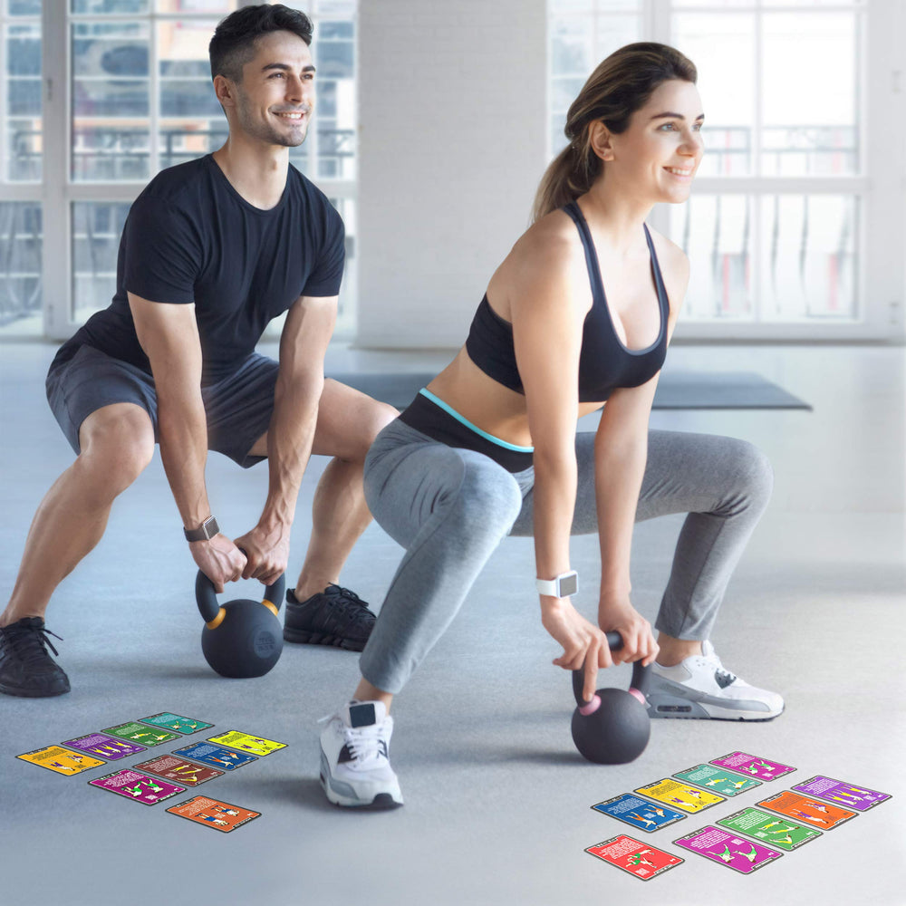 Stack 52 card close-up with kettlebell illustration demonstrating movement for safe form