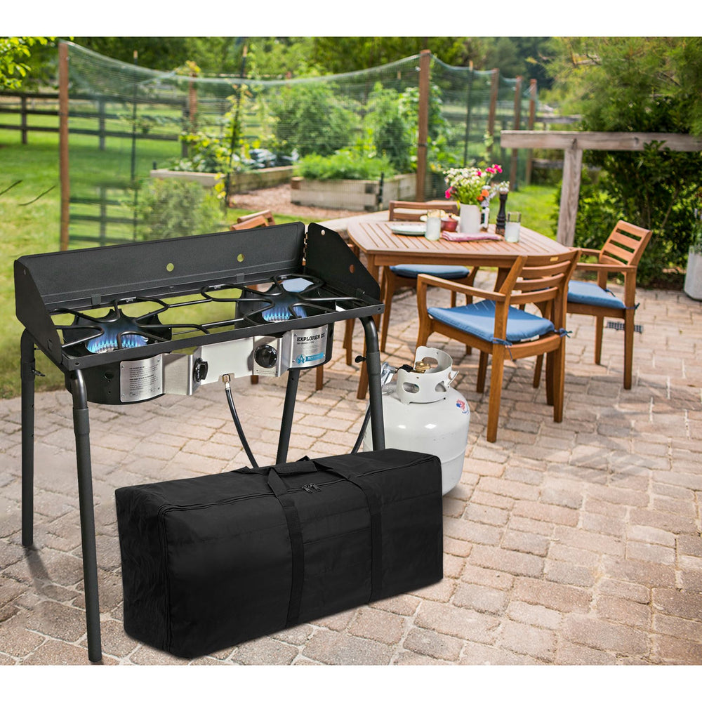 Stanbroil carry bag being carried at campsite for convenient outdoor cooking setup