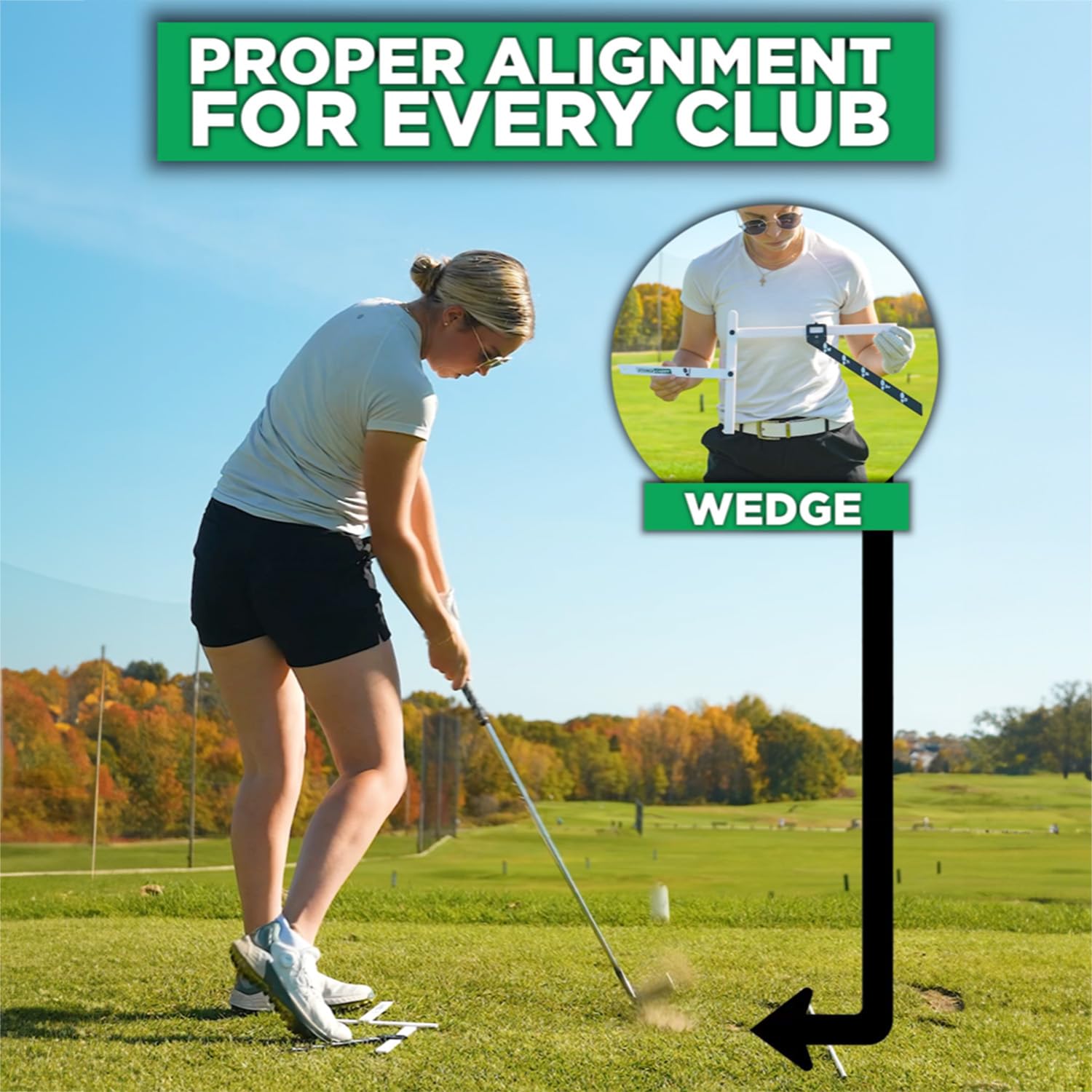 Right-handed golfer using Stance Caddy to set stance and improve consistency