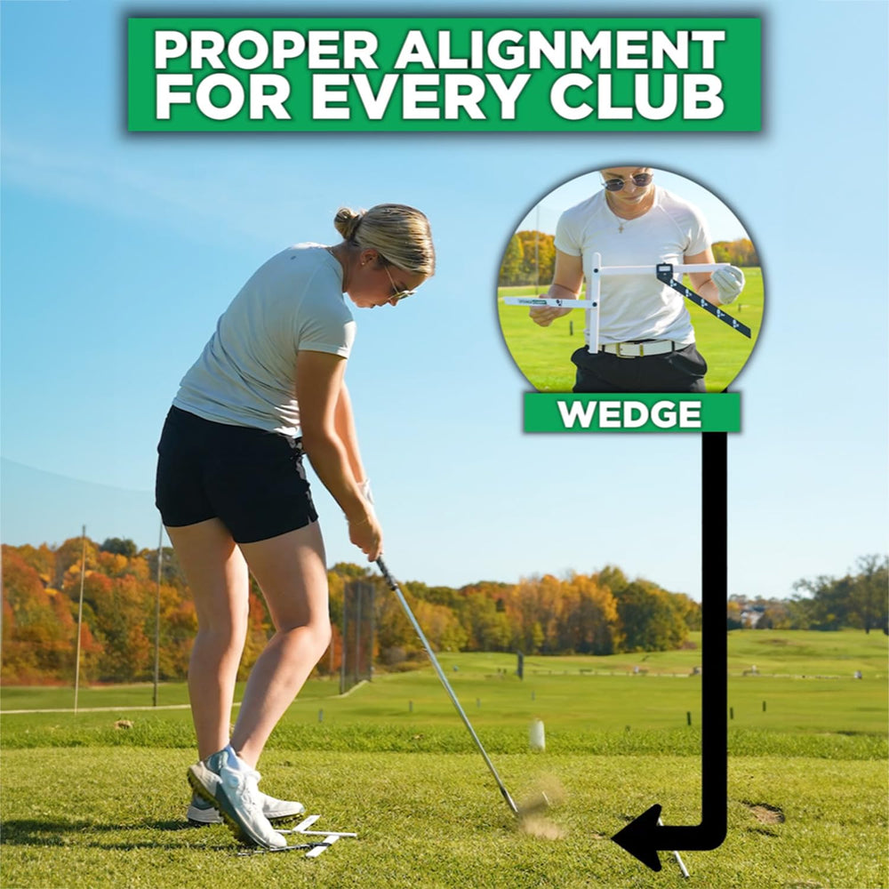 Right-handed golfer using Stance Caddy to set stance and improve consistency