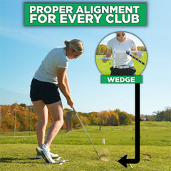 Right-handed golfer using Stance Caddy to set stance and improve consistency