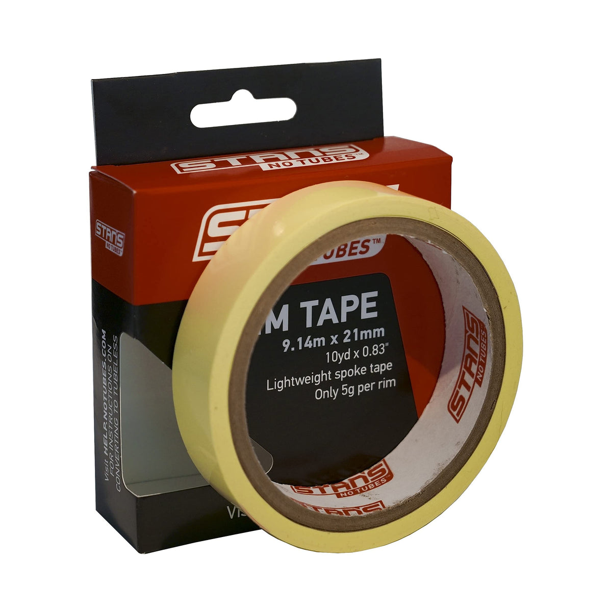 Stan's NoTubes front packaging showing 21 mm rim tape and product branding benefits