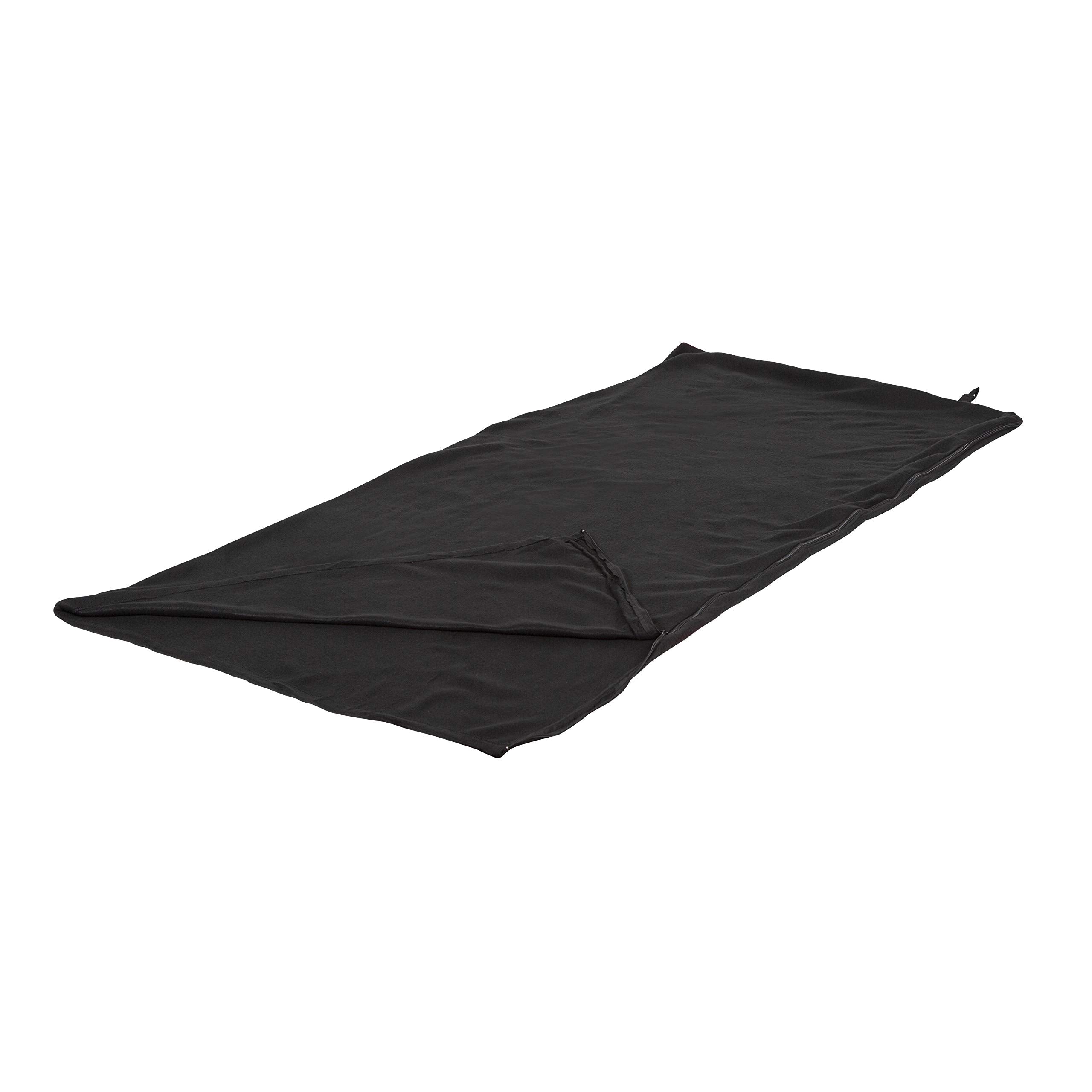 Stansport front view of black fleece sleeping bag showing shape and zipper for comfort