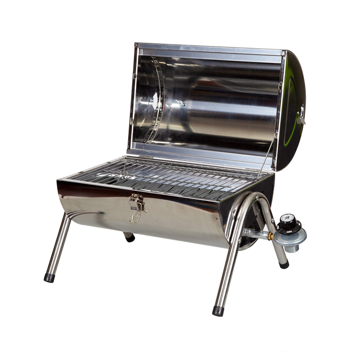 Stansport front view showing compact stainless-steel grill and lid for durable portability