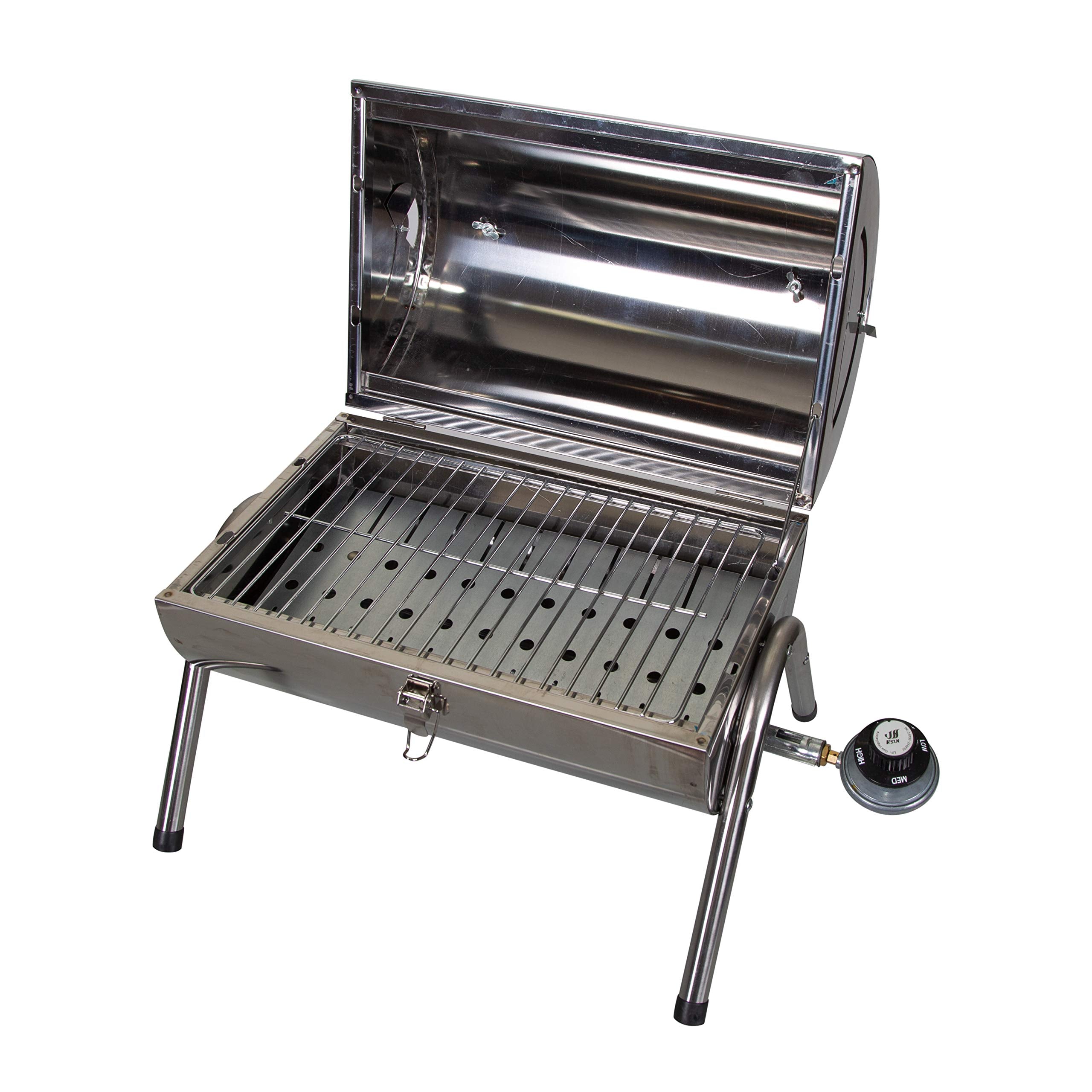 Stansport open grill showing 13 by 8.5 inch cooking surface and easy access for grilling
