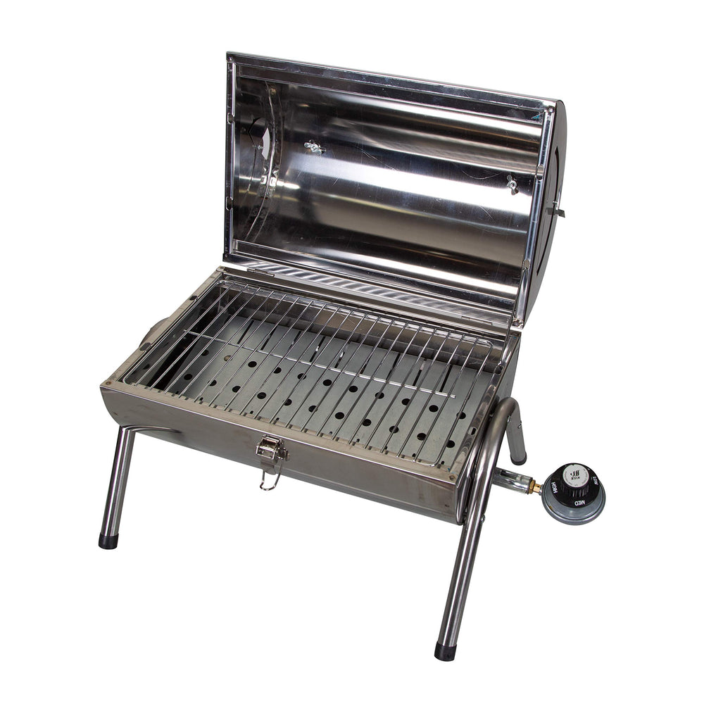 Stansport open grill showing 13 by 8.5 inch cooking surface and easy access for grilling