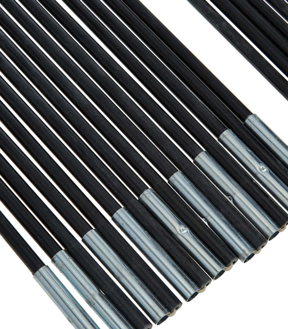 Stansport poles next to a tape measure showing 185 inch assembled length for fit confirmation