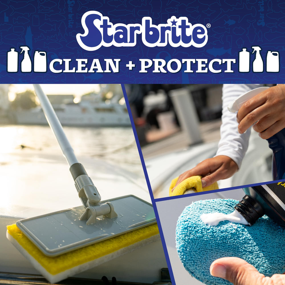 STAR BRITE being wiped on boat surface for fast, streak-free shine